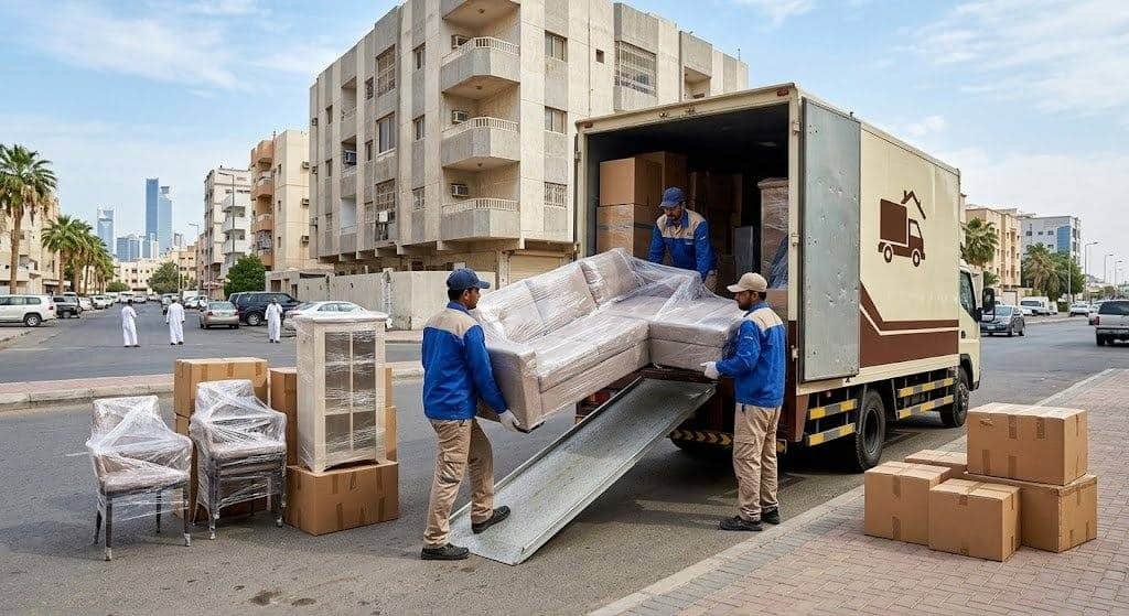 فريق عمل محترف يقوم بتغليف ونقل الأثاث بعناية فائقة ضمن خدمات شركة نقل أثاث بالدمام لضمان حماية الممتلكات ووصولها بأمان تام وبدون أي خدوش.
