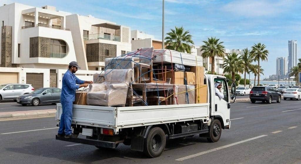 فريق عمل محترف يقوم بفك وتغليف ونقل الأثاث بأمان وعناية ضمن خدمات نقل عفش الصدفة بالدمام لضمان راحة وسلامة ممتلكات العملاء.